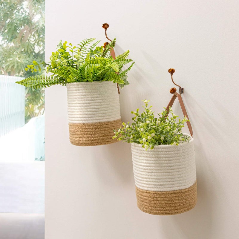 Goodpick 2pack Jute Rope Hanging Basket - Small Woven Fern Wall Hanging Baskets Flower Plants, Woven Basket Key Storage Baskets, White and Jute 7.87 x 7 x 11.7 inches - Image 4